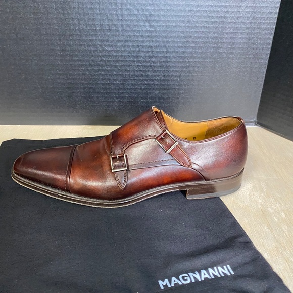 Magnanni Size 9 Silvio Red Brown Leather Double Monk Strap With Travel Bag - Picture 10 of 12